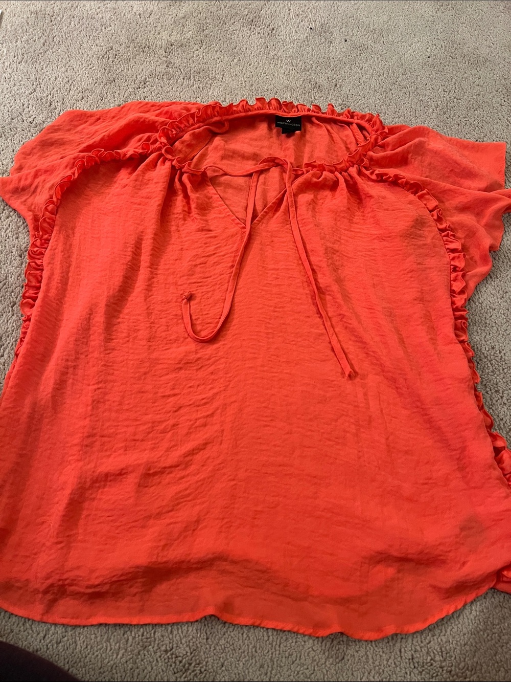 Worthington Bright Coral Tie-Neck Ruffle Blouse